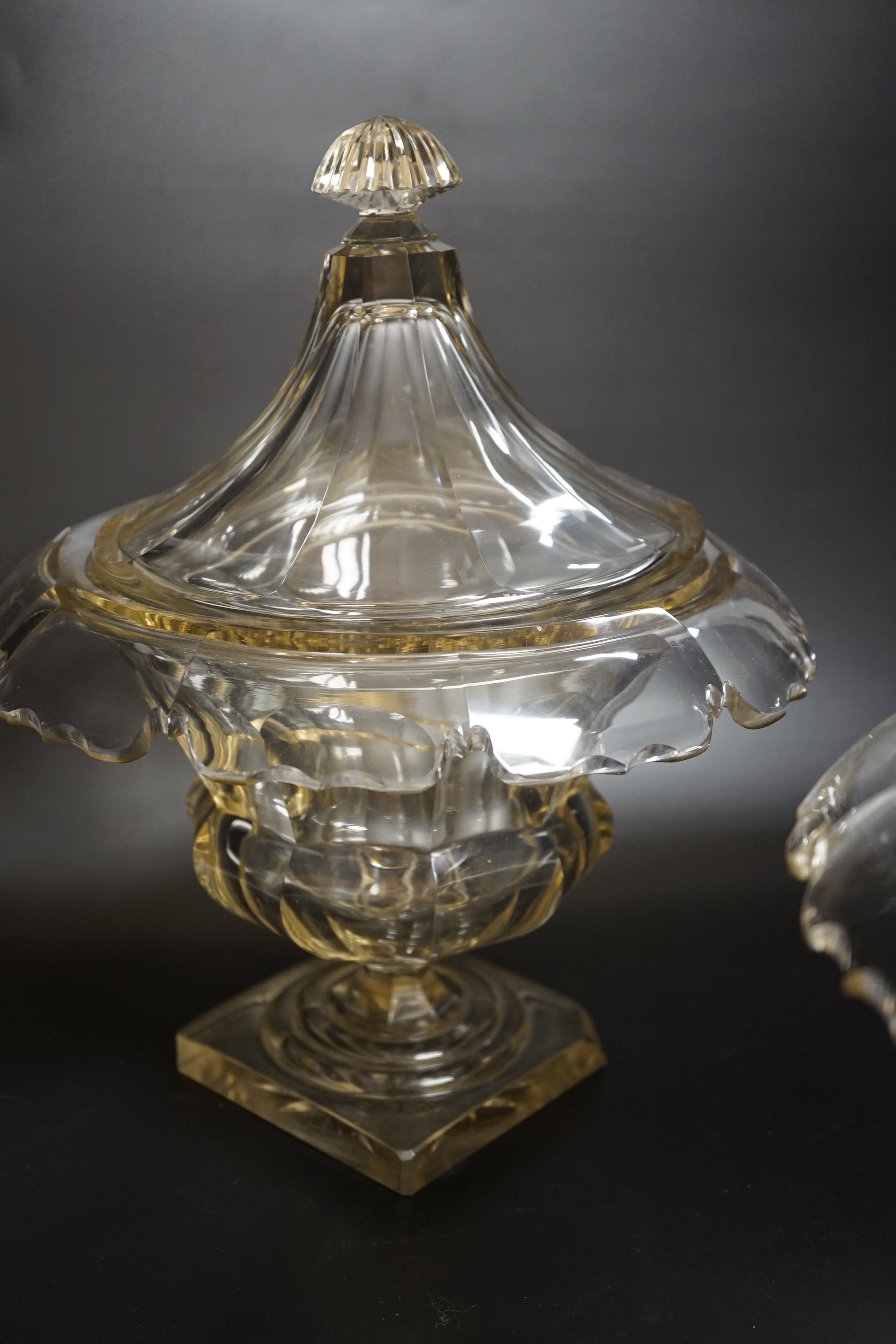 A pair of 19th century square base cut glass sweetmeat vases and covers, 29cm high